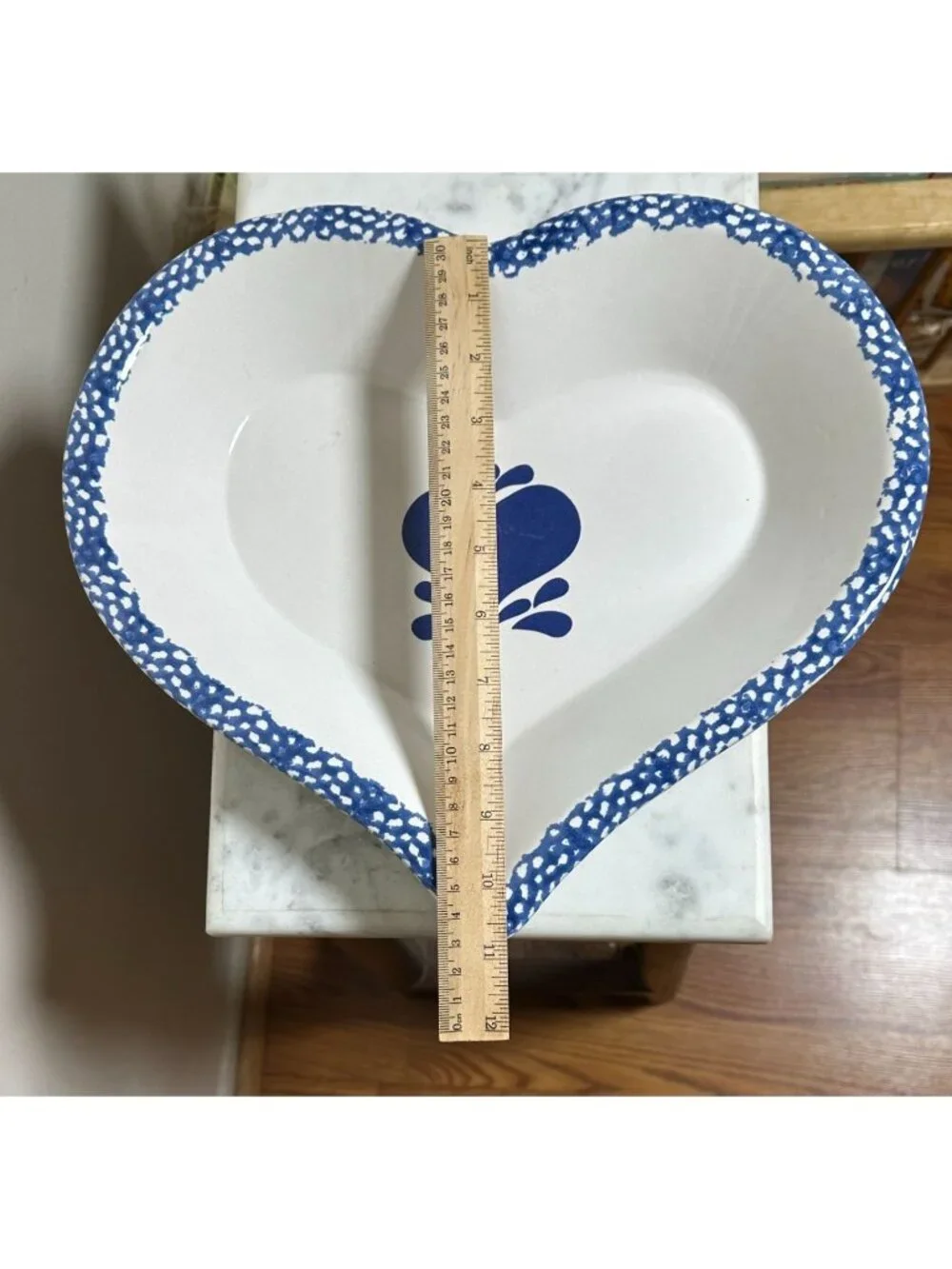 Large Vintage Heart Shaped Ceramic Serving Bowl | Blue & White Folk Art Dish
